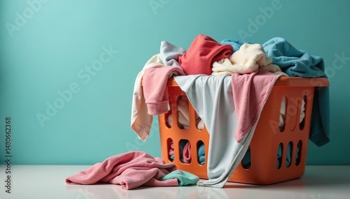 Overfull laundry basket overflowing with dirty clothes and linens , basket, laundry day