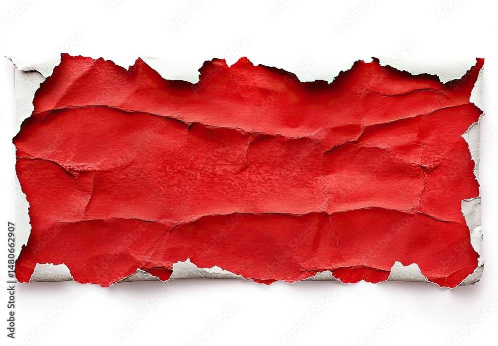 Ripped red paper on white background. A rectangular piece of crumpled red paper, torn from a larger white sheet. The paper's texture shows wrinkles and folds Ripped red paper on white background. A rectangular piece of crumpled red paper, torn from a larger white sheet. The paper's texture shows wrinkles and folds