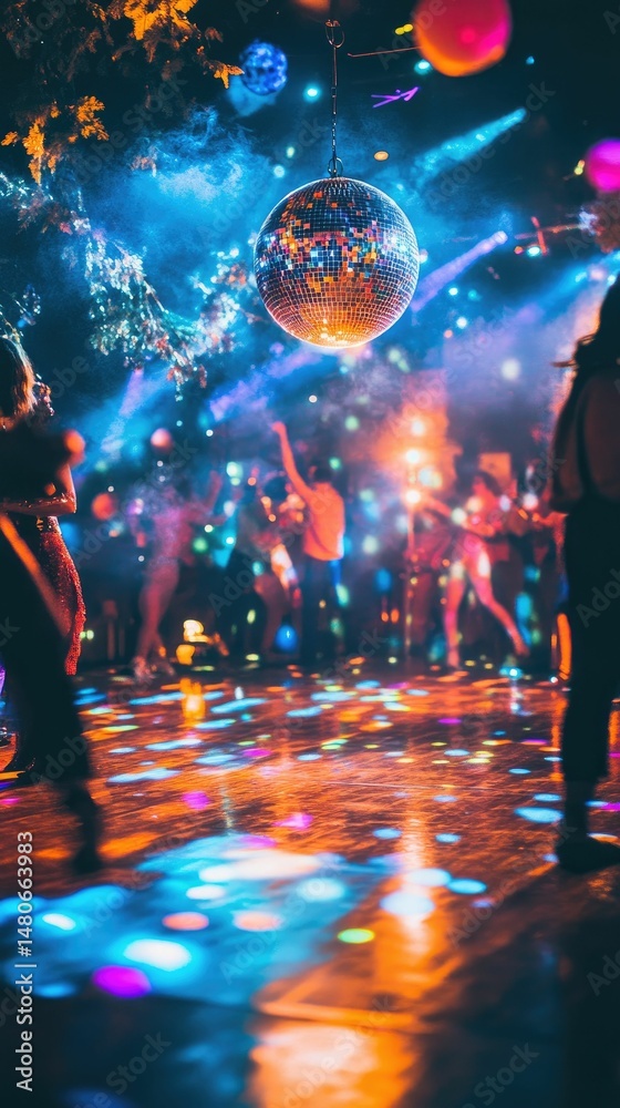 Fototapeta premium Disco ball, colorful lights, dancing crowd, vibrant floor.