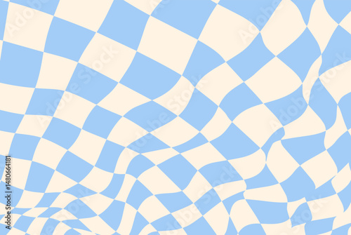 Checkerboard pattern with wavy check background and trippy chess texture. Warped board design with abstract black and white swirl grid. Retro textile with seamless squiggle motion and liquid tile