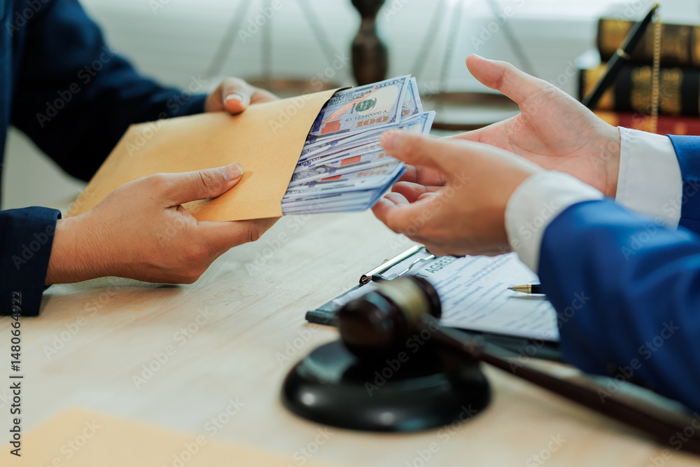A client pays a lawyer for legal representation, with the attorney receiving the payment as part of a formal service agreement.