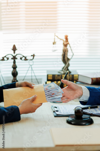 Obraz na płótnie A client pays a lawyer for legal representation, with the attorney receiving the payment as part of a formal service agreement. w salonie