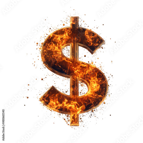 A burning dollar sign with flames and sparks effect design element on isolate background