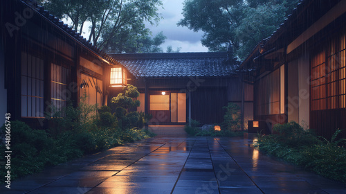 Tranquil Japanese courtyard in the rain, lanterns glow, wooden structures serene