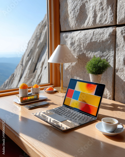 Cozy desk setup by a window, overlooking a mountain view with a laptop