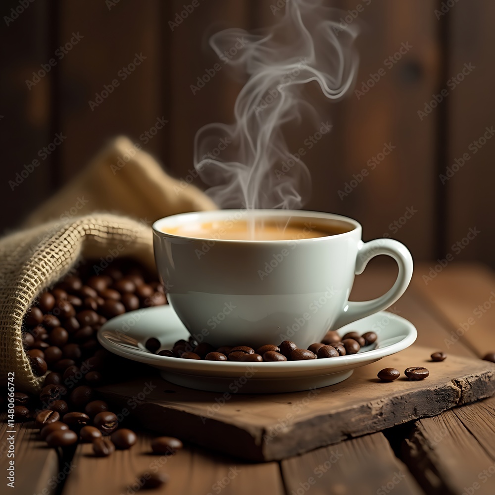 Fototapeta premium Coffee cup with steam, roasted coffee beans, a rustic wooden table.