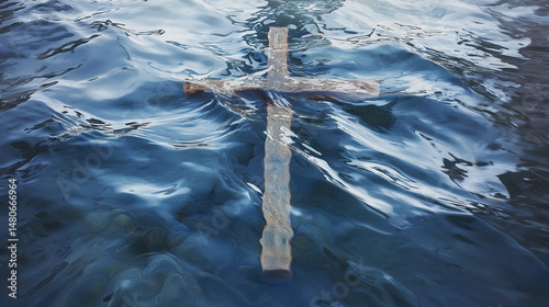 Wooden Cross Floating on Tranquil Blue Water