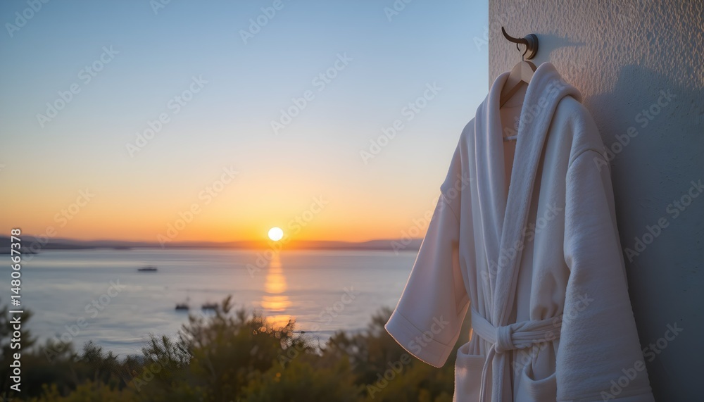 Fototapeta premium White Bathrobe Hanging on Hook at Sunse