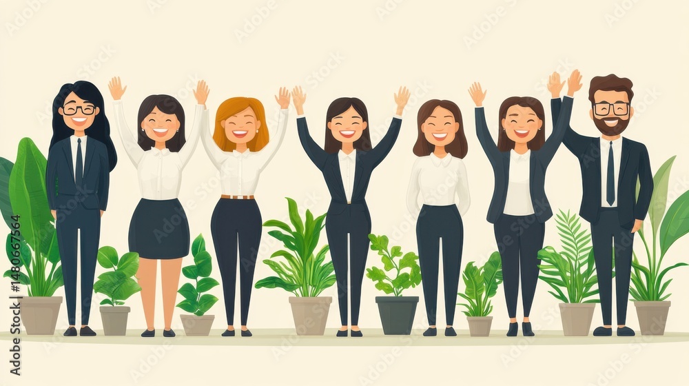 Fototapeta premium Cheerful Diverse Team Celebrating Success With Raised Hands