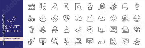 Quality control set of web icons in line style. Quality Check computing icons for web and mobile app. Containing inspection, evaluation, production, quality assurance, certificate, testing and more