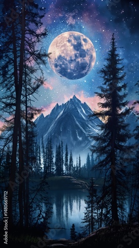 Majestic Full Moon Over Mountain Peaks with Reflection in Alpine Lake Surrounded by Pine Trees, Wallpaper