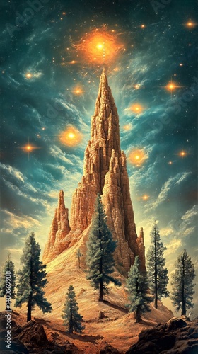 Mystical Mountain Peak with Pine Trees Under Starlit Fantasy Sky, Surreal Landscape Digital Art Illustration Wallpaper