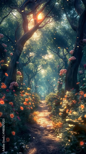 Enchanted Forest Path with Pink Mushrooms, Orange Flowers, and Sunbeams Breaking Through Trees, Magical Garden Landscape Dawn Wallpaper