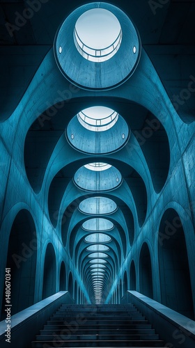 Futuristic Blue Architectural Interior with Repeating Circular Ceiling Openings and Perspective