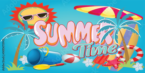Vibrant Summer-Themed Illustration Featuring Stylized Sun, Palm Trees, and Vacation ItemsVibrant Summer-Themed Illustration Featuring Stylized Sun, Palm Trees, and Vacation Items