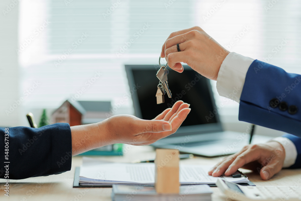 Client pays the agent, who hands over the house keys, marking the official closing and completion of the real estate transaction.