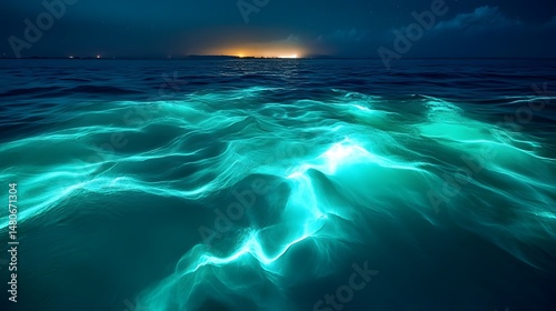 The sea shimmer with the ethereal glow of bioluminescence under a night sky. The ocean's surface is transformed into a living canvas of light.