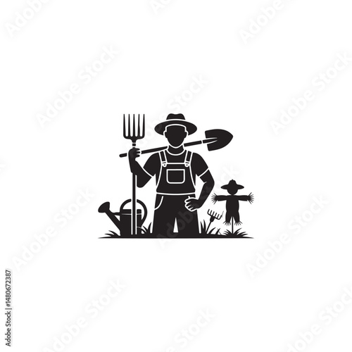 Silhouette of a Farmer with Gardening Tools and Scarecrow.A black and white silhouette of a farmer holding a pitchfork and shovel, standing amidst garden tools, a watering can, and a scarecrow.