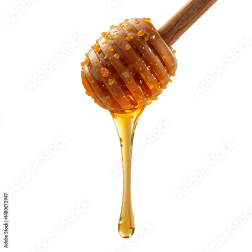 Golden Honey Dripping from Wooden Dipper Stick - Natural Organic Sweetener Food Photography for Healthy Nutrition Concepts - Isolated on Transparent Background