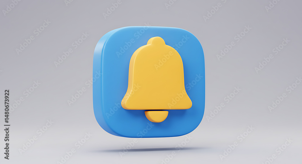 Fototapeta premium A vibrant 3D rendering of a bell icon on a blue rounded square, symbolizing alerts and notifications with its simple design.