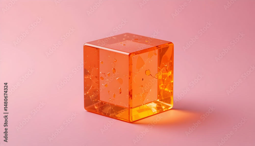 Obraz premium Translucent Orange Glass Cube on Pink Background