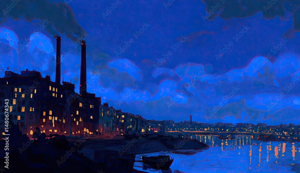 Fototapeta premium Nightfall on the industrial waterfront