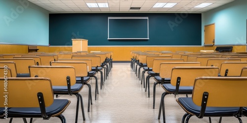 Empty Classroom Lecture Hall Modern Chairs Seats Design Education rows neat study black metal floor