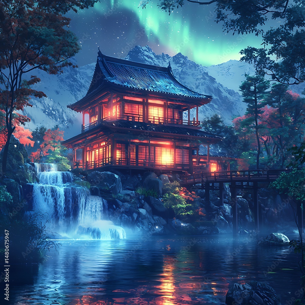 Obraz premium Illuminated Japanese house near snowy pond high resolution picture