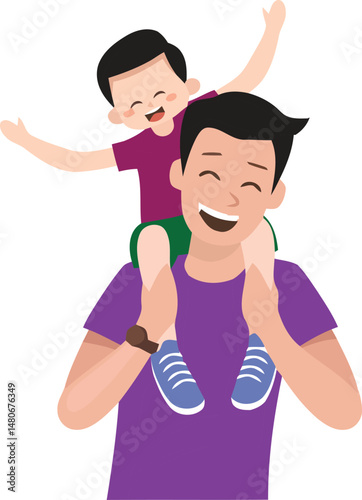 Happy Father Giving Son Piggyback Ride for Father's Day