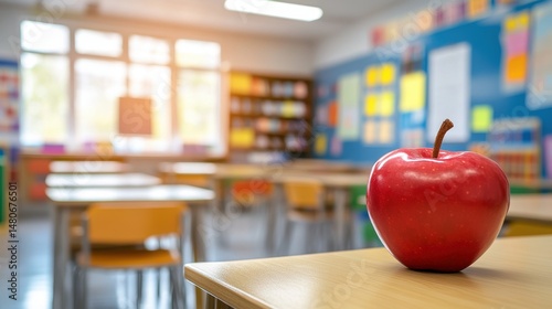 Red Apple on Desk in Bright Classroom School Education kid food kids sunny fruit image photo stock