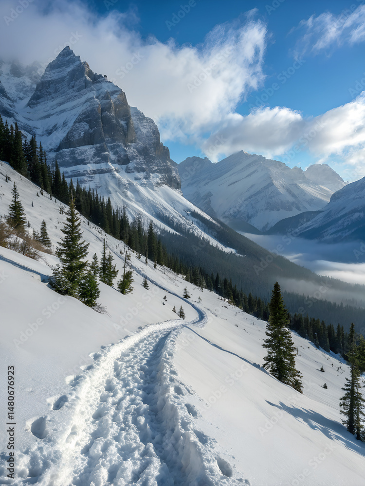 Fototapeta premiumWinding Snow Trail in Mountain Highlands 