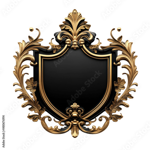 Ornate gold frame with black shield emblem design element decoration on isolate background