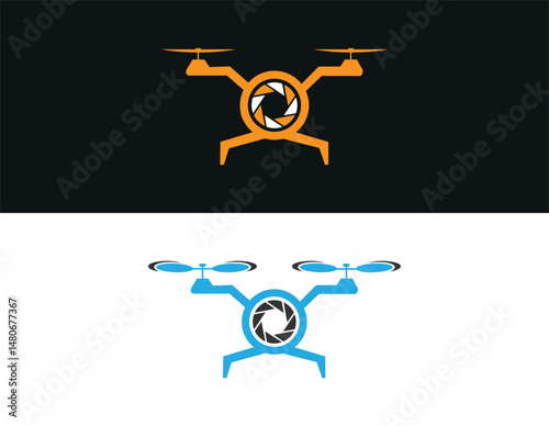 Drone camera logo vector template in orange and blue with lens aperture symbol aerial photography design