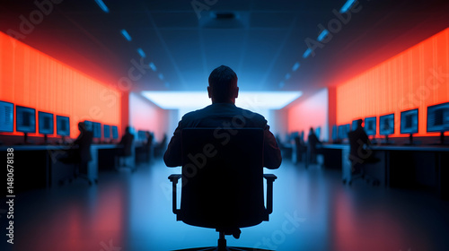 Silhouette of Man in Red and Blue Lit Office with Computer Screens