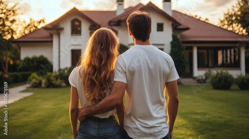 Young couple embracing and admiring their new house at sunset