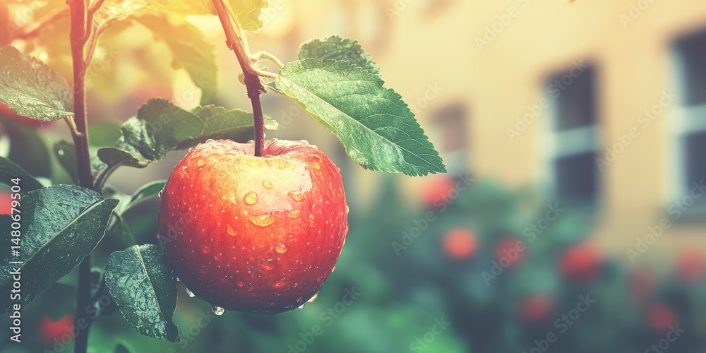 Obraz premium Red Apple on Branch Fresh Juicy Fruit Nature Photography dew tree food leaf ripe crop farm life
