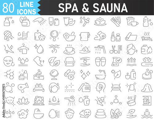 Spa and sauna line icons collection. Relaxation, massage, yoga, spa, meditation, health, wellbeing editable stroke icon. Editable Vector stroke for web and UI application.