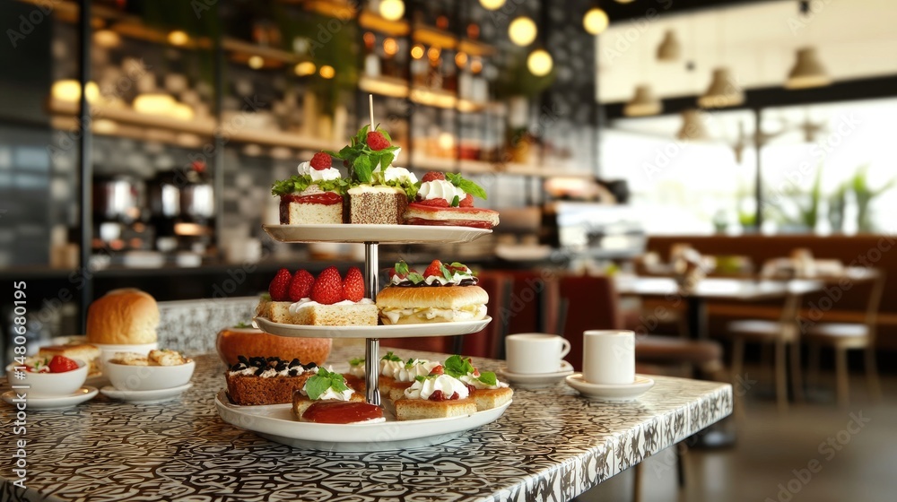 Fototapeta premium Fruit sandwiches displayed in a cafe-style setting with tiled backdrop and soft diffused lighting