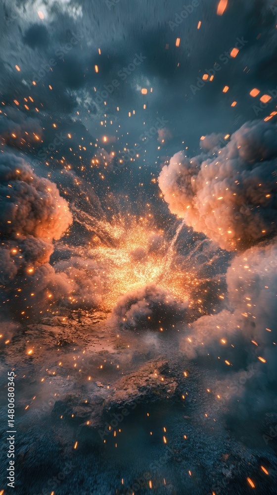 Fototapeta premium Fiery explosion, smoke, glowing embers, dark sky.