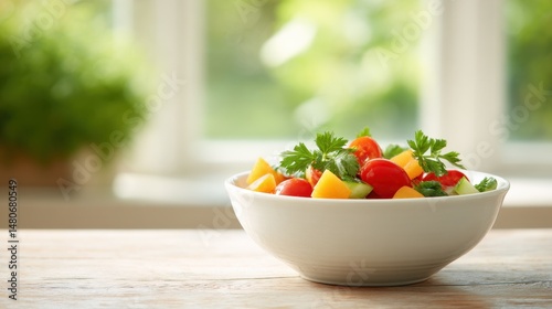Fresh vegetable salad in white bowl, ingredients arranged in circle. Healthy eating with natural ingredients.
