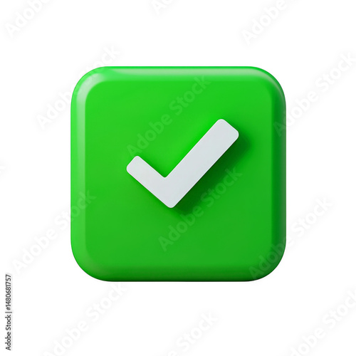 Green check mark symbol, 3d render, isolated on transparent background.
