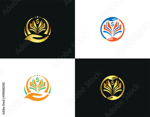 Financial education vector template featuring open book,hands,dollar sign,and circular design for logos and branding projects