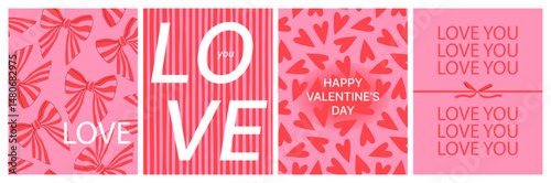 Valentine's day cards collection. Pink and red romantic design clip art for greeting. Cute bows, stripes, heart shapes and love you text on vector illustrations.