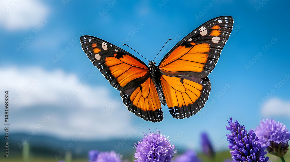 Fototapeta premium Orange Butterfly in Flight over Purple Flowers and Blue Sky