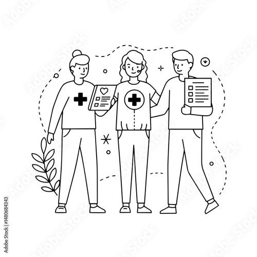 Health professionals supporting patient care in a minimalistic style  