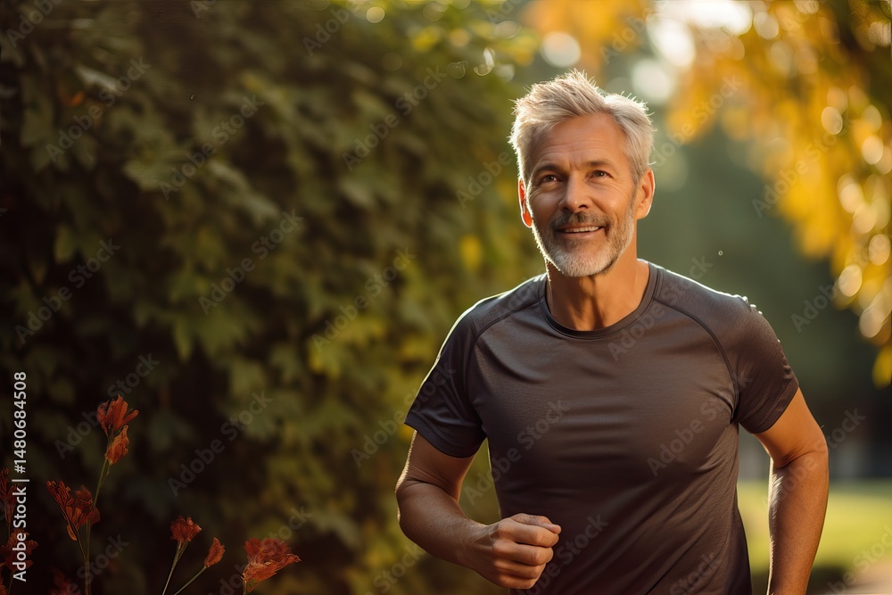 Obraz premium Jogging on a sunny summer day. A middle-aged man during a running workout in the autumn park. Keeping fit in your 50s.