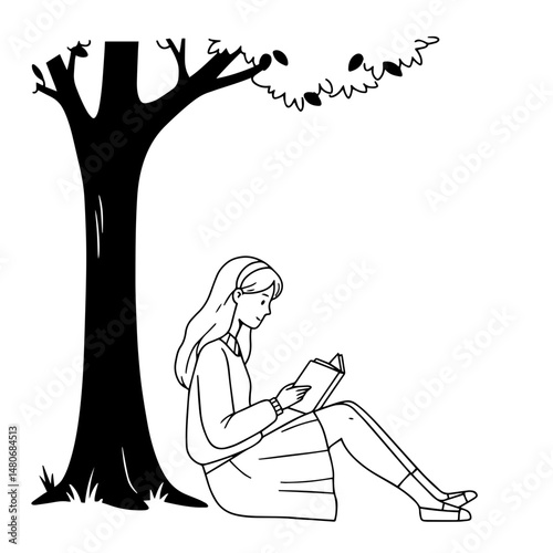 Girl reading a book peacefully under a tree  