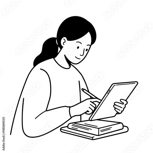 Young woman writing on tablet while sitting at a desk  