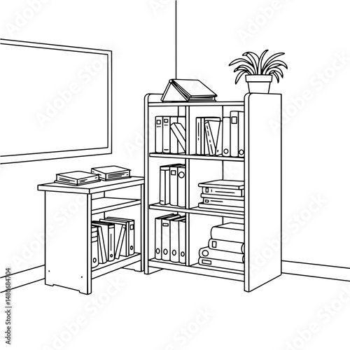 Minimalist bookshelf illustration with plant and books in a room  