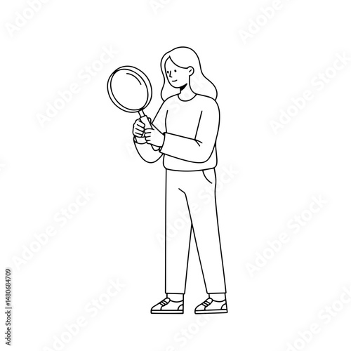 Young woman exploring with a magnifying glass in a minimalist style  